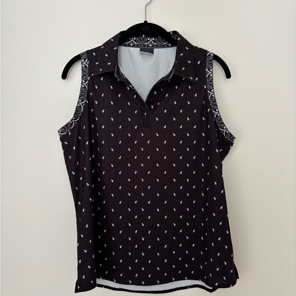Belyn Key Black Sleeveless Polo with White Paisley Accents